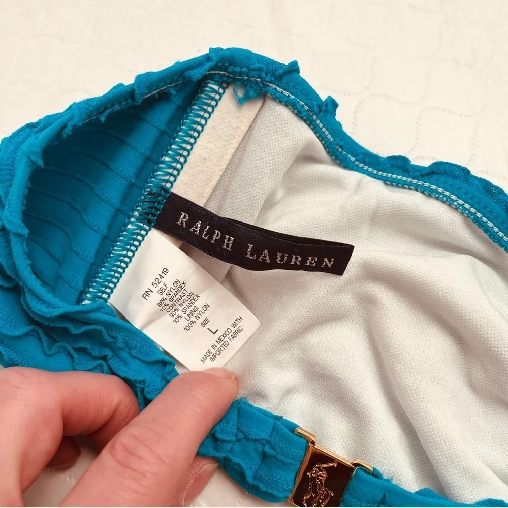 Ralph Lauren teal blue ruffle halter bikini top L